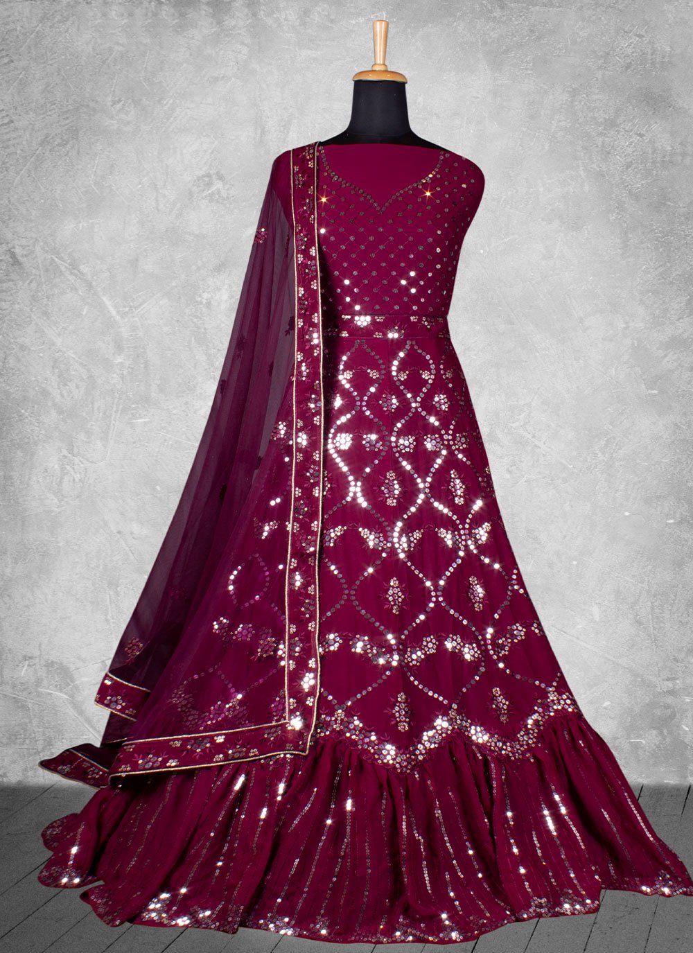 Lehenga Choli Georgette Wine Embroidered Lehenga Choli