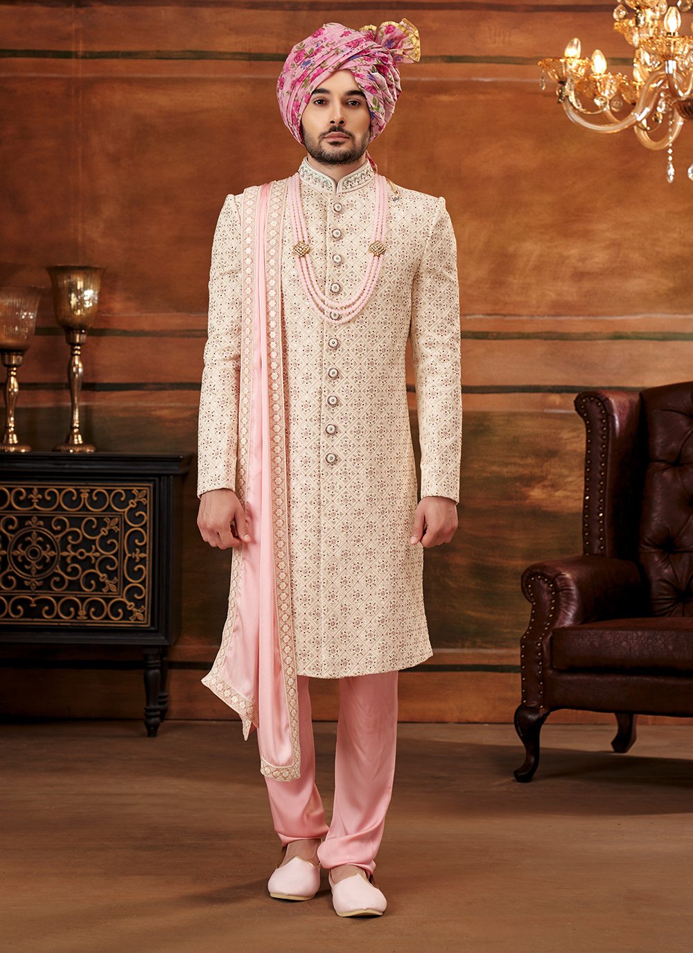 Sherwani Georgette Cream Hand Work Mens
