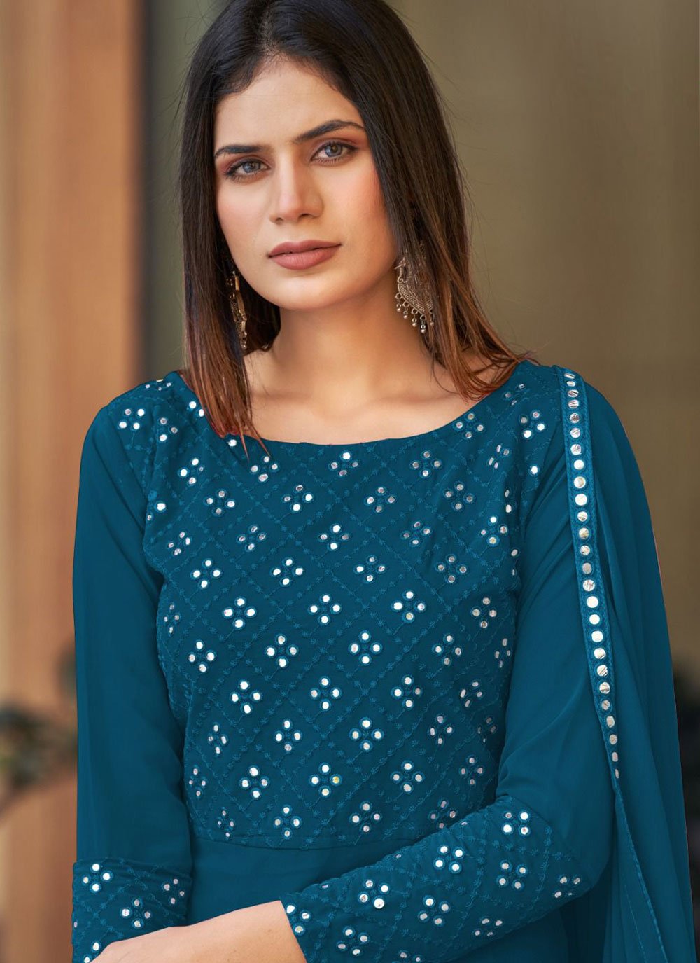 Salwar Suit Georgette Teal Mirror Salwar Kameez