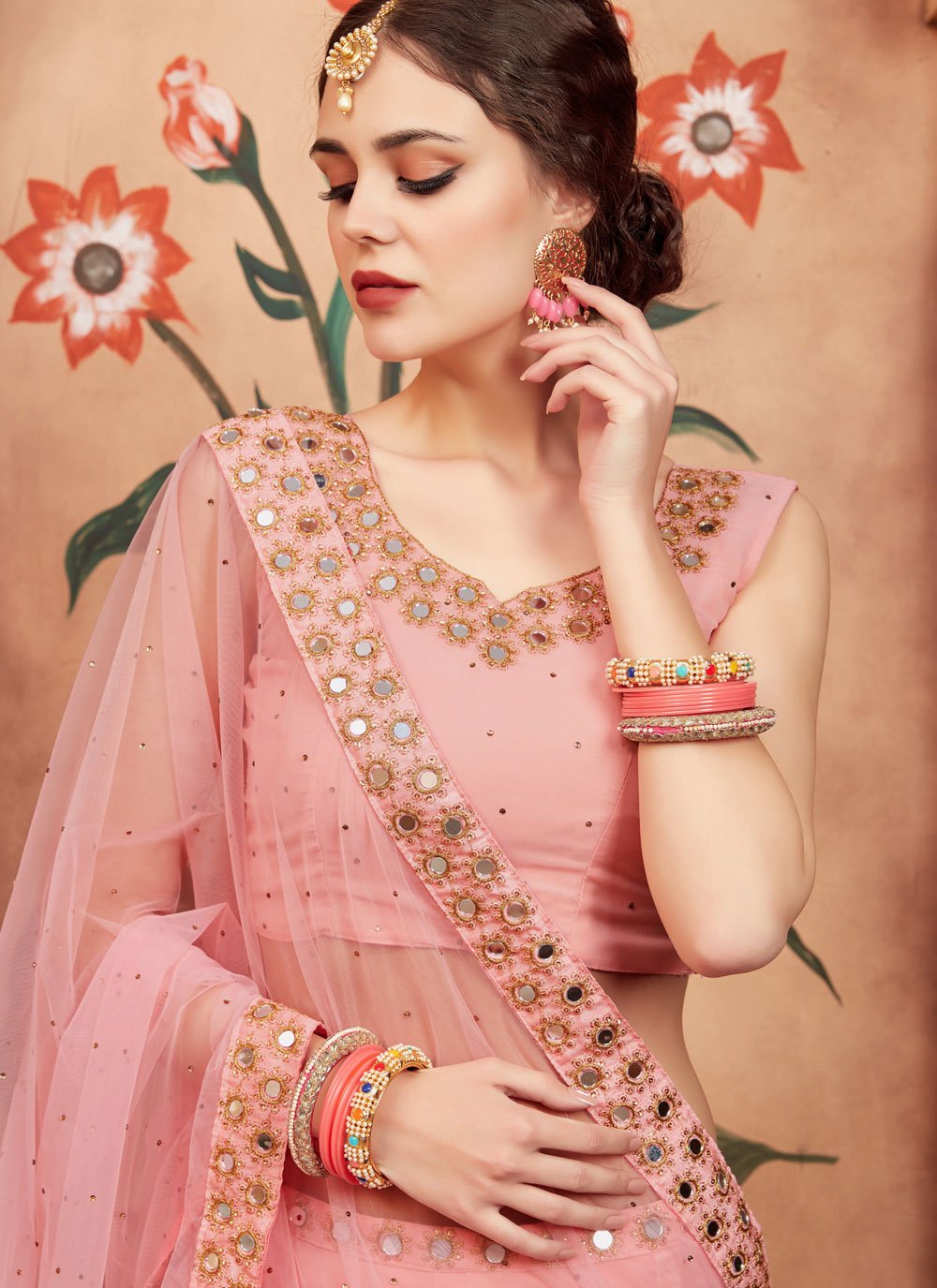 Lehenga Choli Georgette Peach Embroidered Lehenga Choli