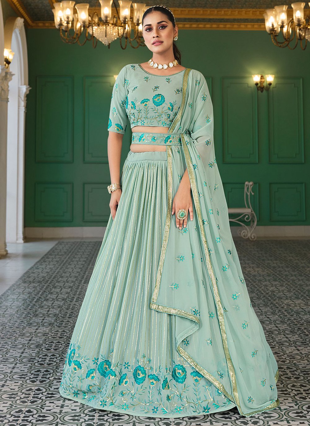 Blue Color Bollywood Style Georgette Lehenga Choli With Embroidery