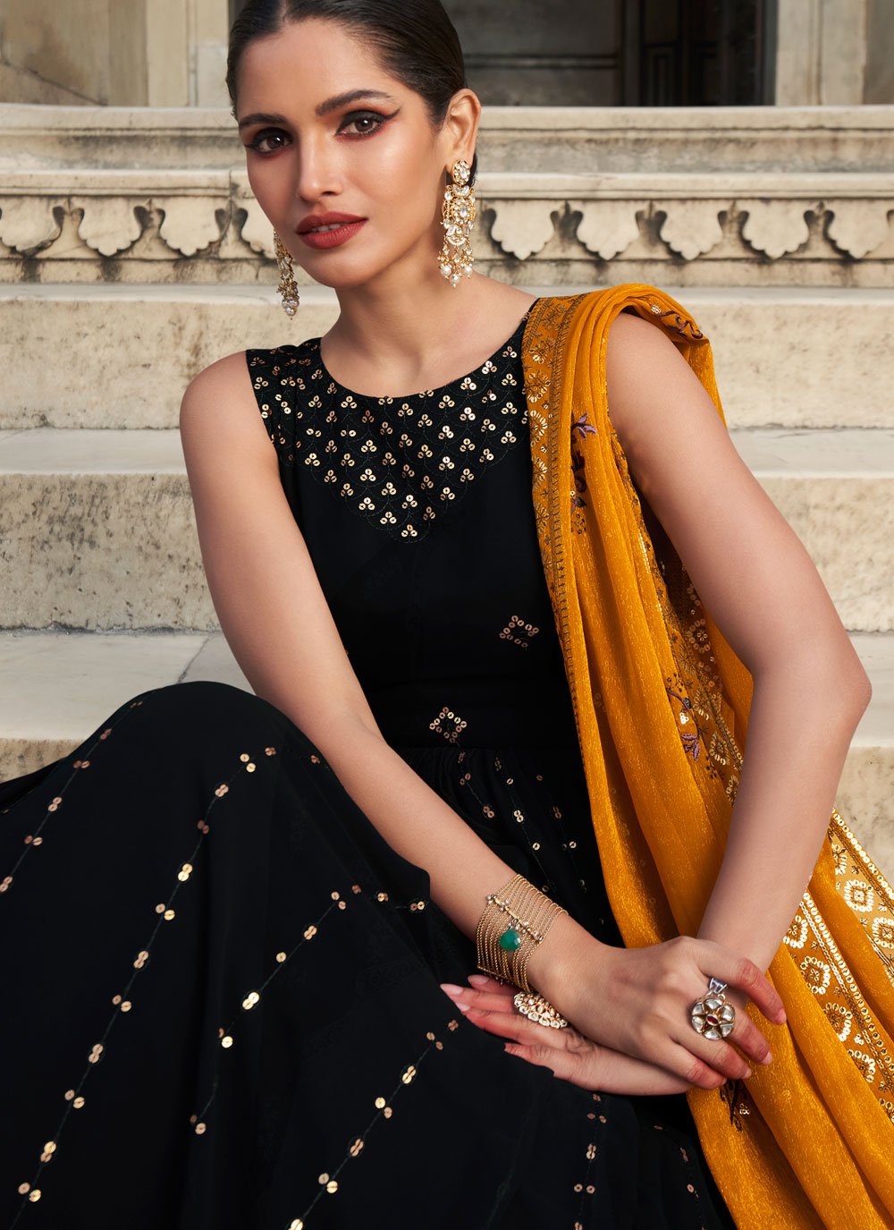 Gown Georgette Black Embroidered Gown