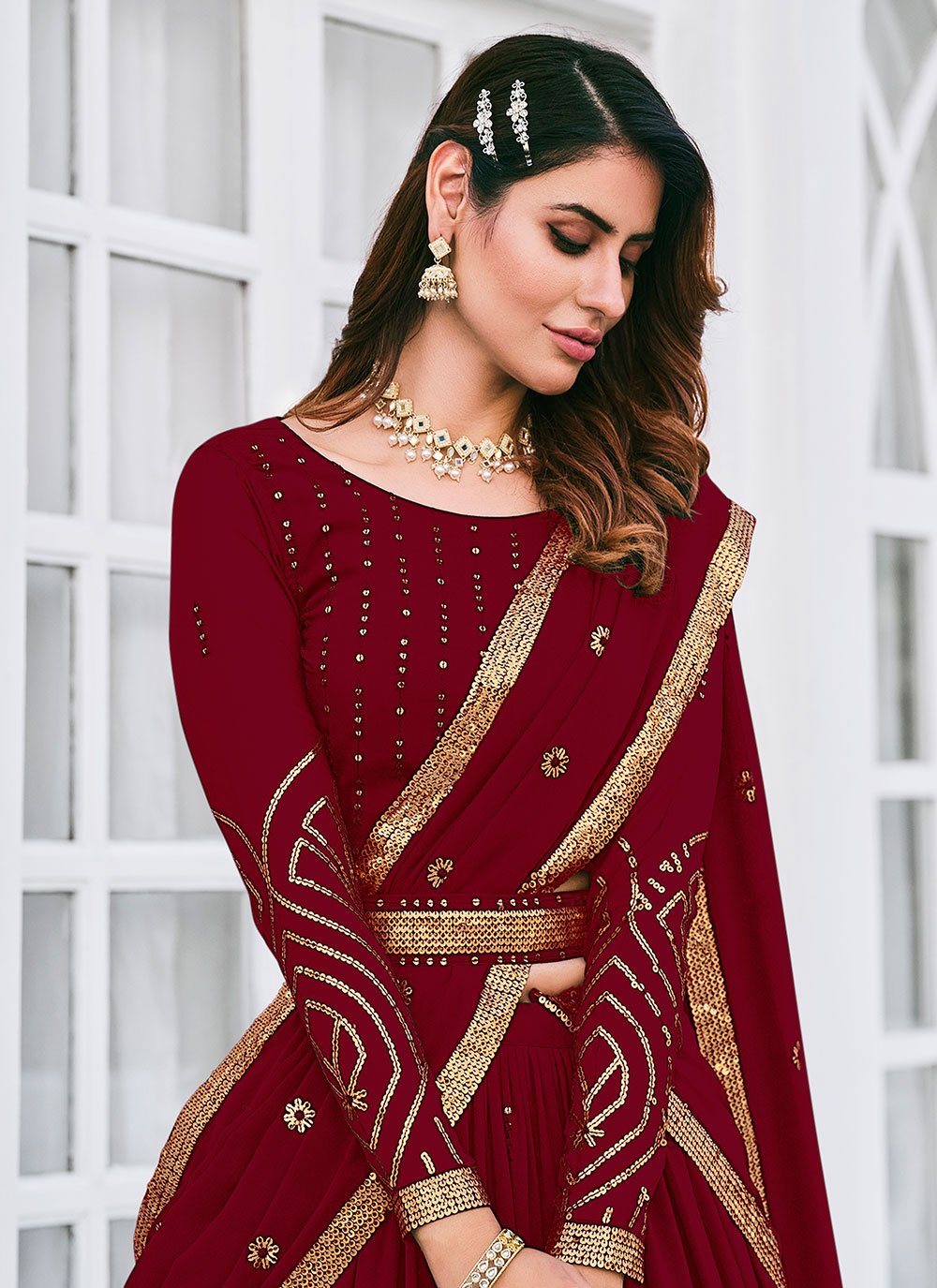 Lehenga Choli Georgette Maroon Embroidered Lehenga Choli