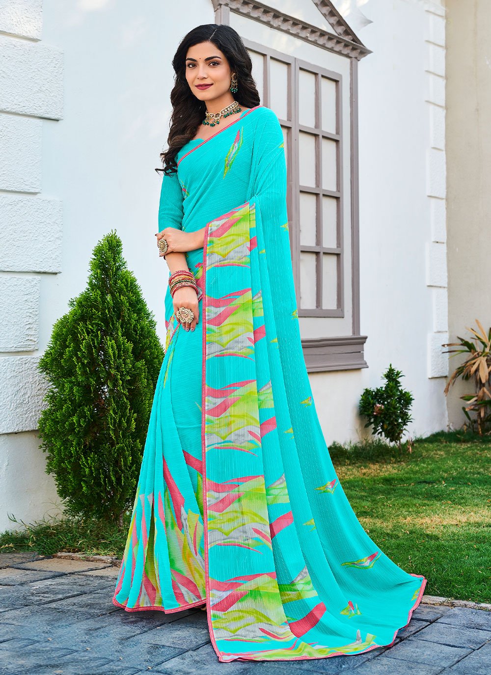 Contemporary Designer Georgette Turquoise Fancy Work Saree