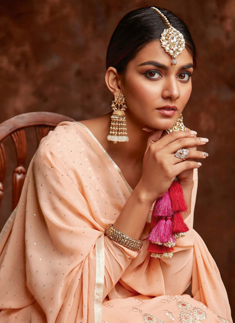 Palazzo Salwar Suit Georgette Peach Embroidered Salwar Kameez