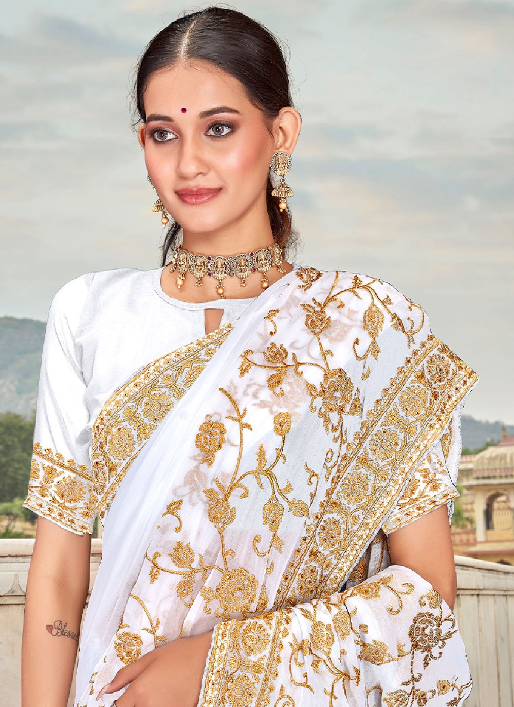 Contemporary Georgette White Embroidered Saree