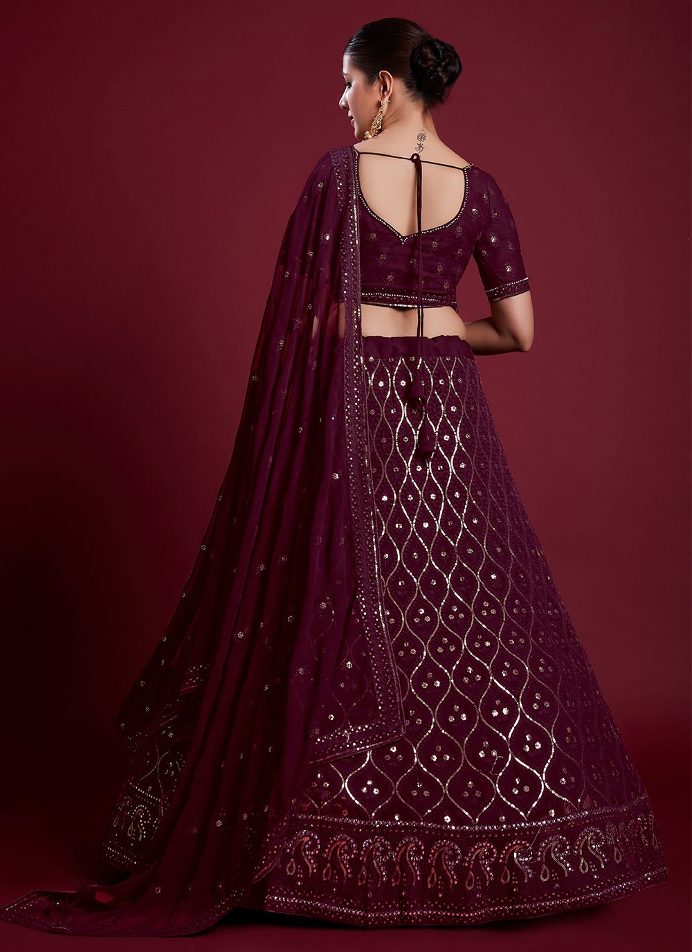 A Line Lehenga Georgette Wine Gota Work Lehenga Choli