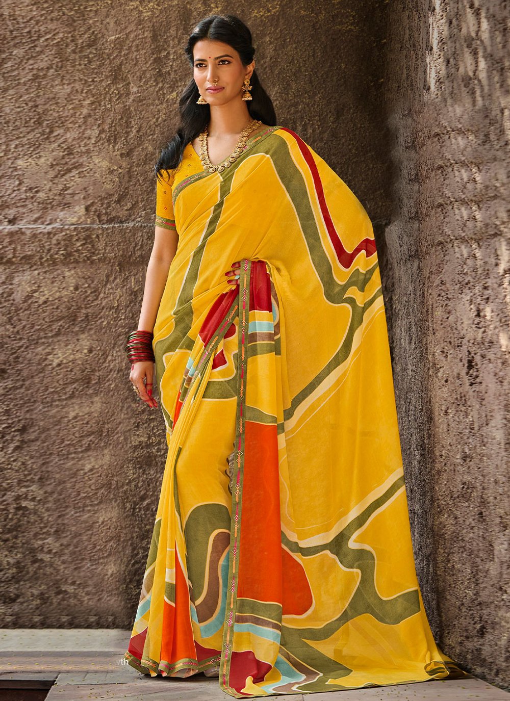 Contemporary Georgette Yellow Fancy Work Saree
