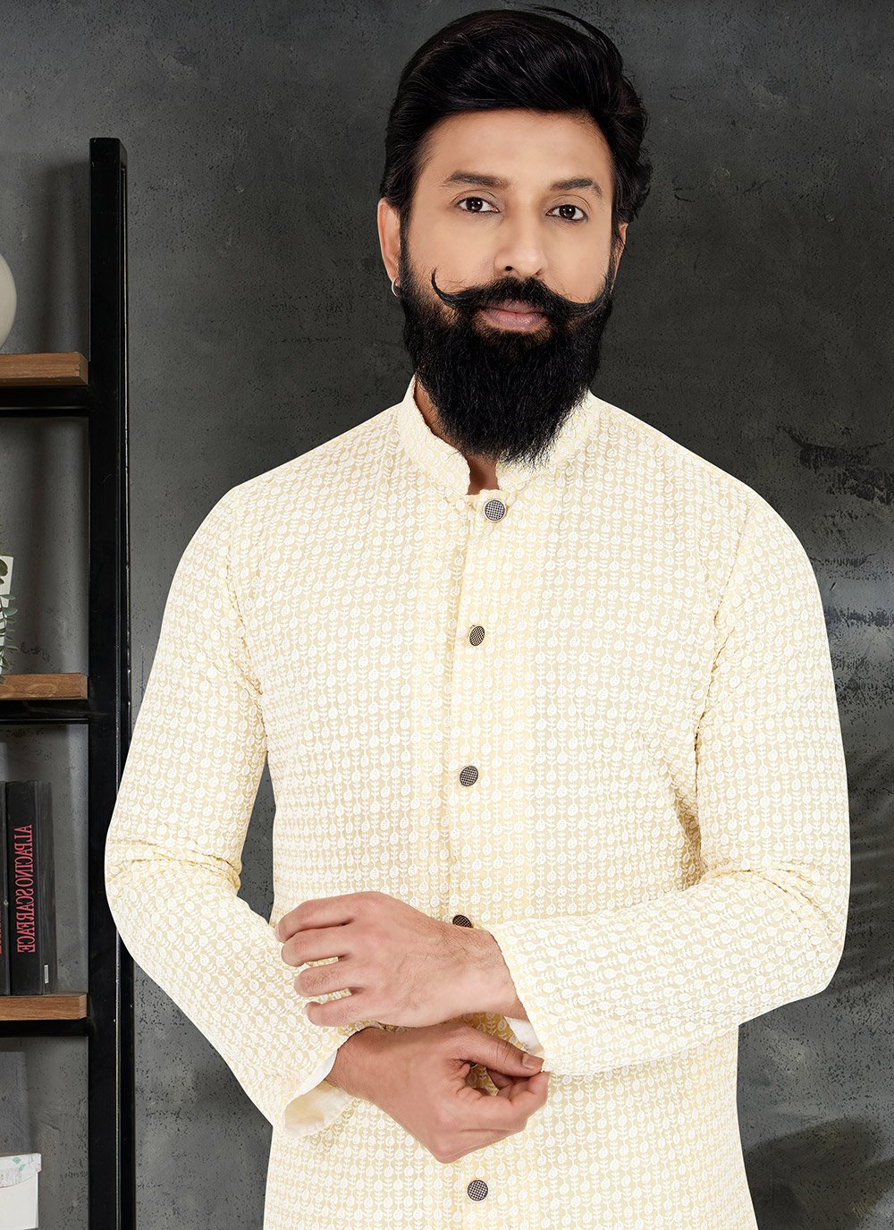 Kurta Pyjama Georgette Yellow Embroidered Mens