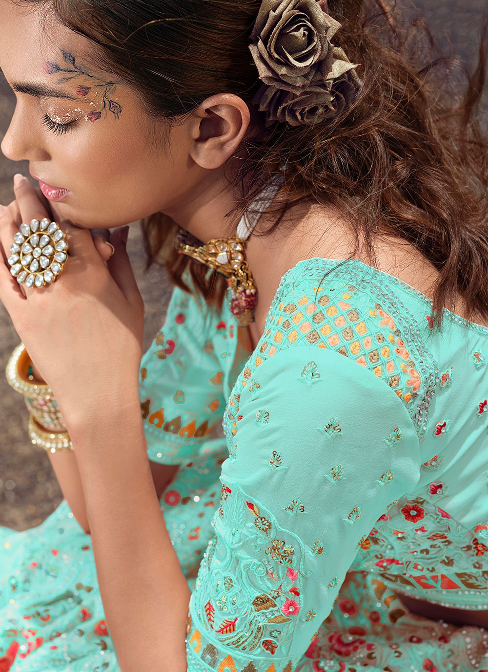 A Line Lehenga Georgette Turquoise Dori Work Lehenga Choli