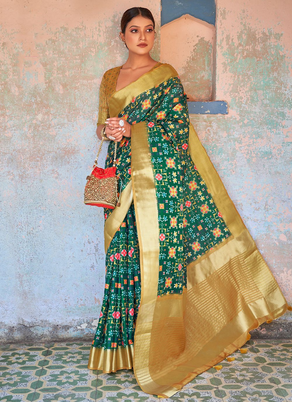 Classic Silk Gold Green Weaving Saree