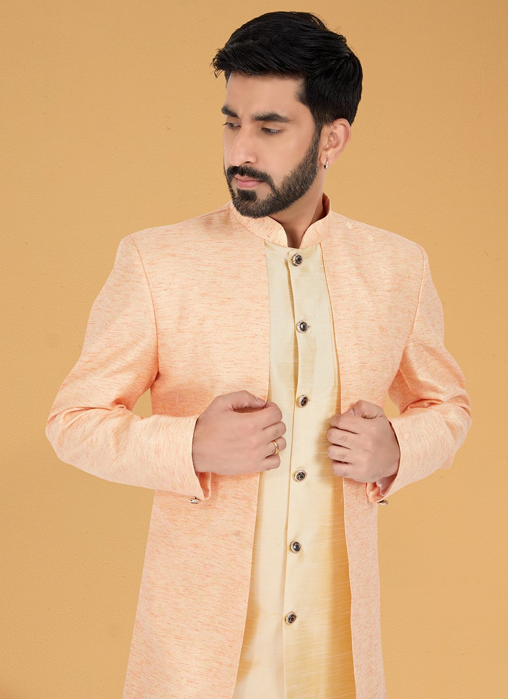 Indo Western Banarasi Silk Jacquard Gold Multi Colour Embroidered Mens