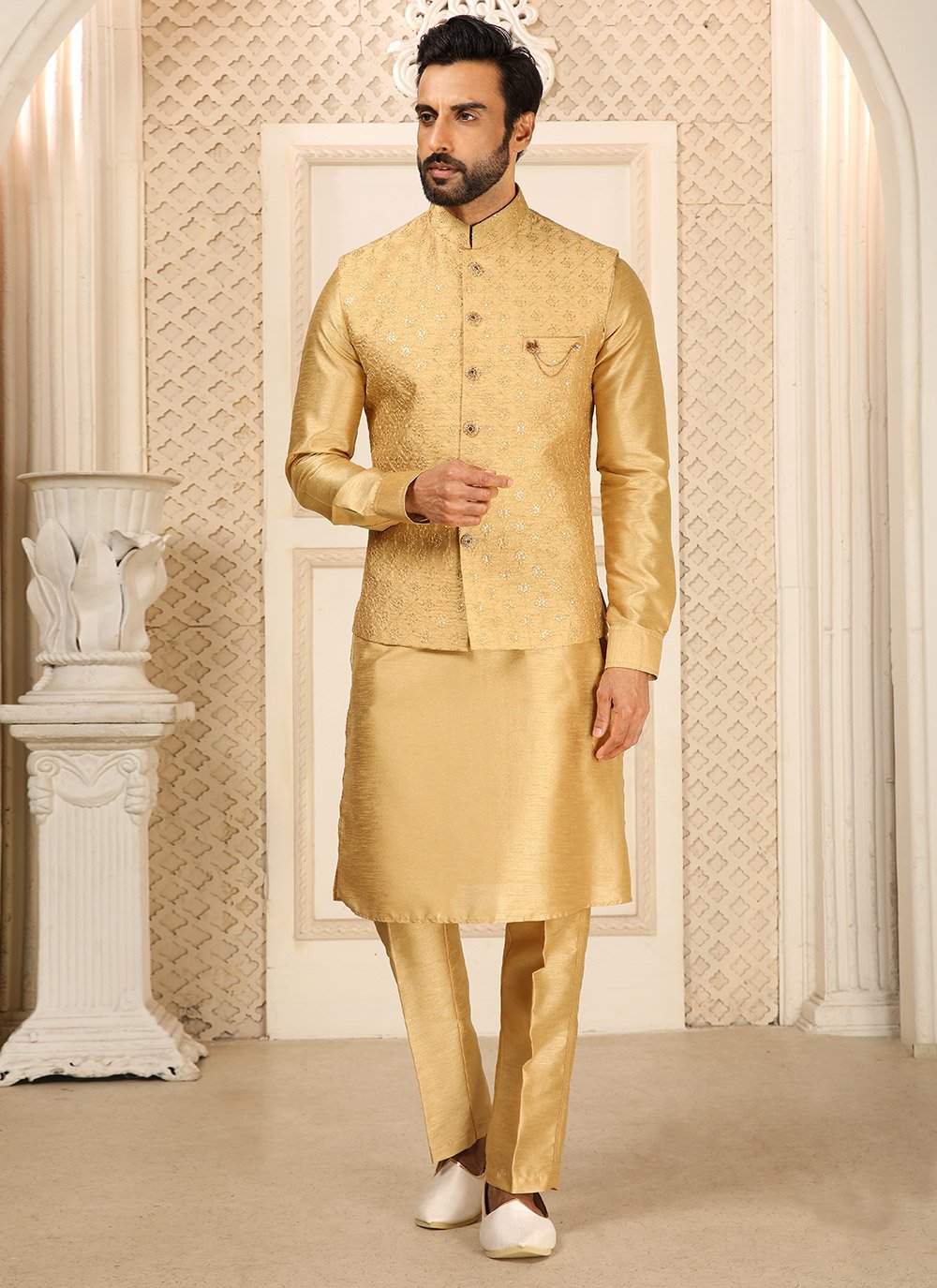 Kurta Payjama With Jacket Art Banarasi Silk Gold Embroidered Mens
