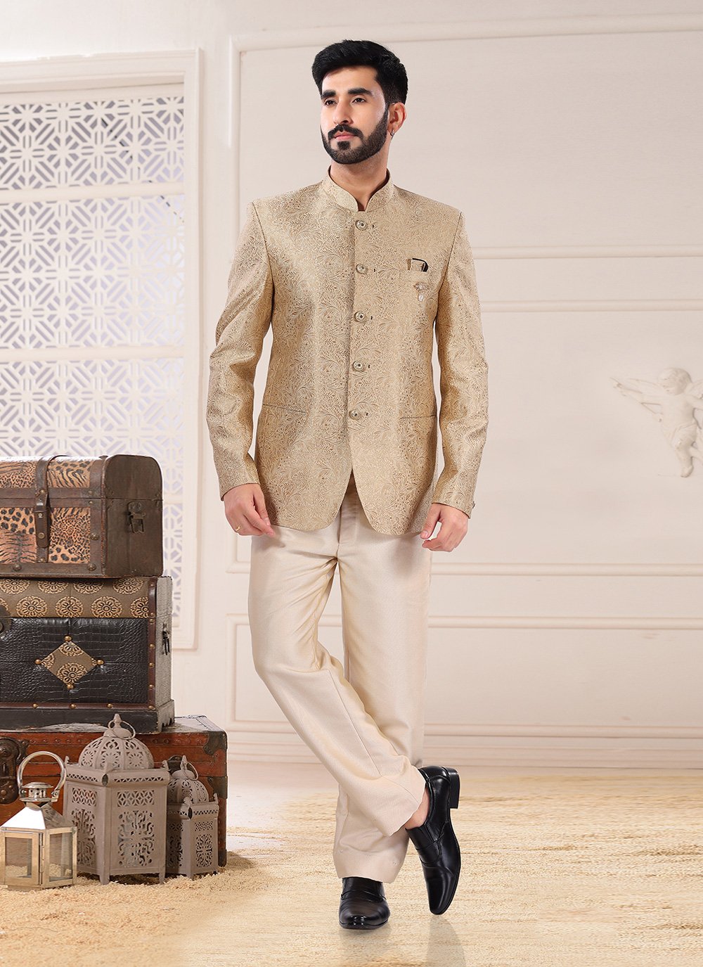 Jodhpuri Suit Jacquard Gold Embroidered Mens