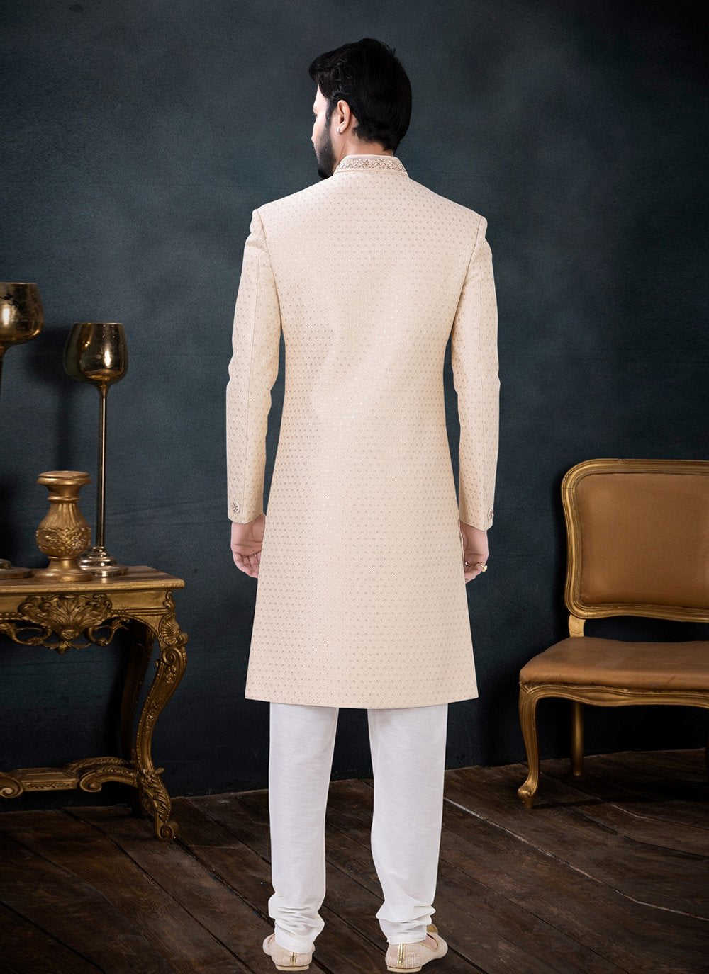 Indo Western Sherwani Silk Gold Embroidered Mens