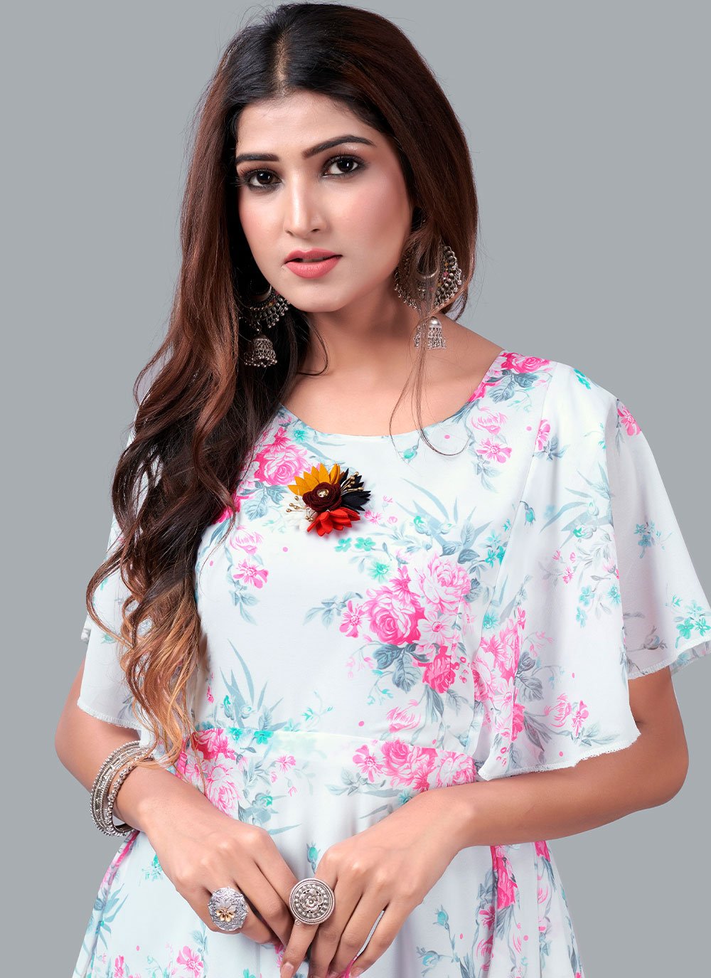 Gown Georgette White Print Gown