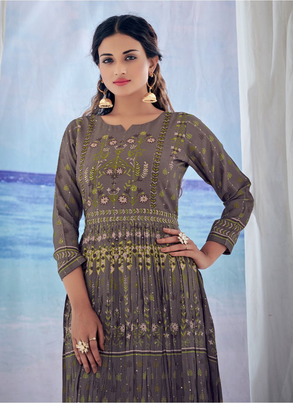 Gown Muslin Viscose Grey Embroidered Gown