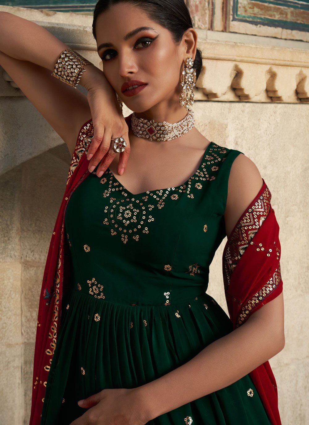 Gown Georgette Green Embroidered Gown