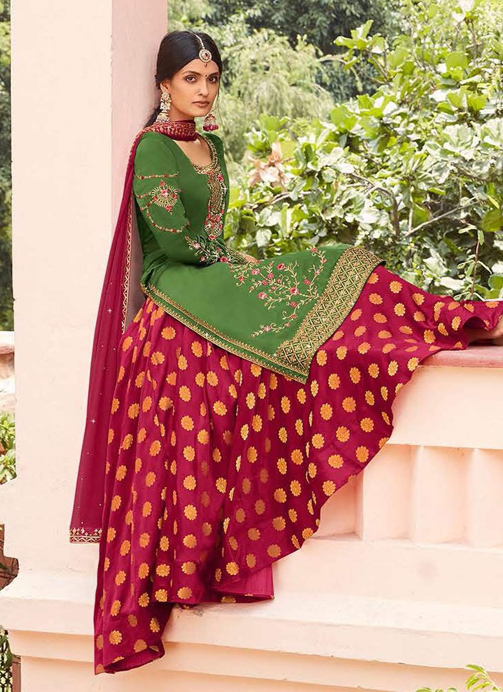 Lehenga Choli Georgette Satin Green Magenta Diamond Lehenga Choli