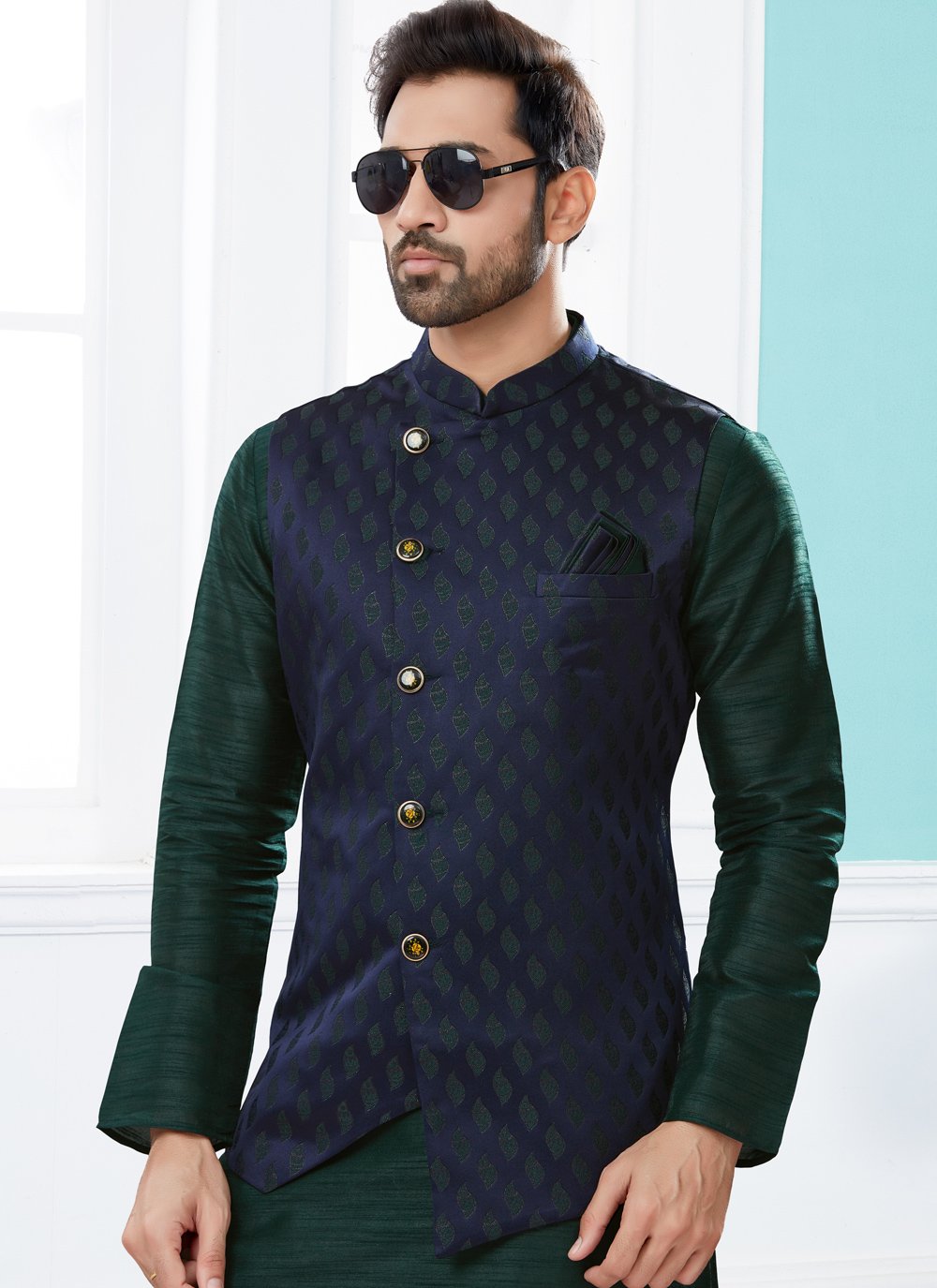 Kurta Payjama With Jacket Banarasi Silk Dupion Silk Blue Green Jacquard Work Mens