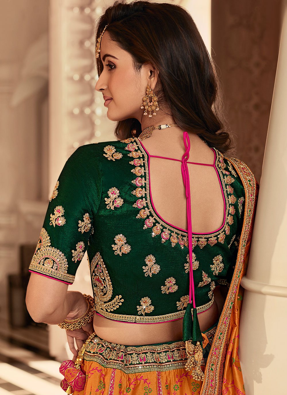 Lehenga Choli Banarasi Silk Green Orange Embroidered Lehenga Choli