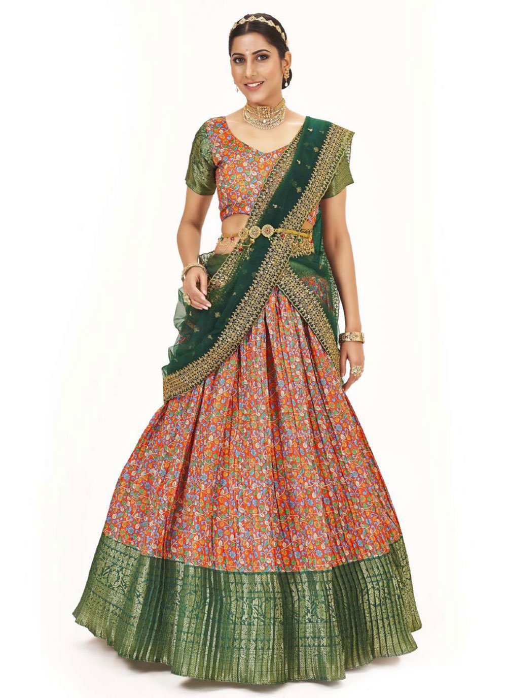 A Line Lehenga Silk Green Orange Digital Print Lehenga Choli