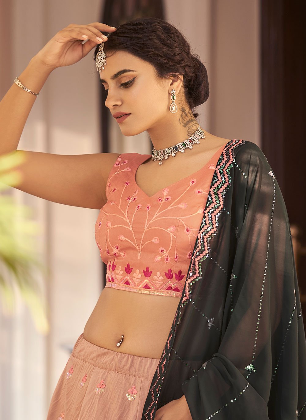 Lehenga Choli Art Silk Green Peach Embroidered Lehenga Choli