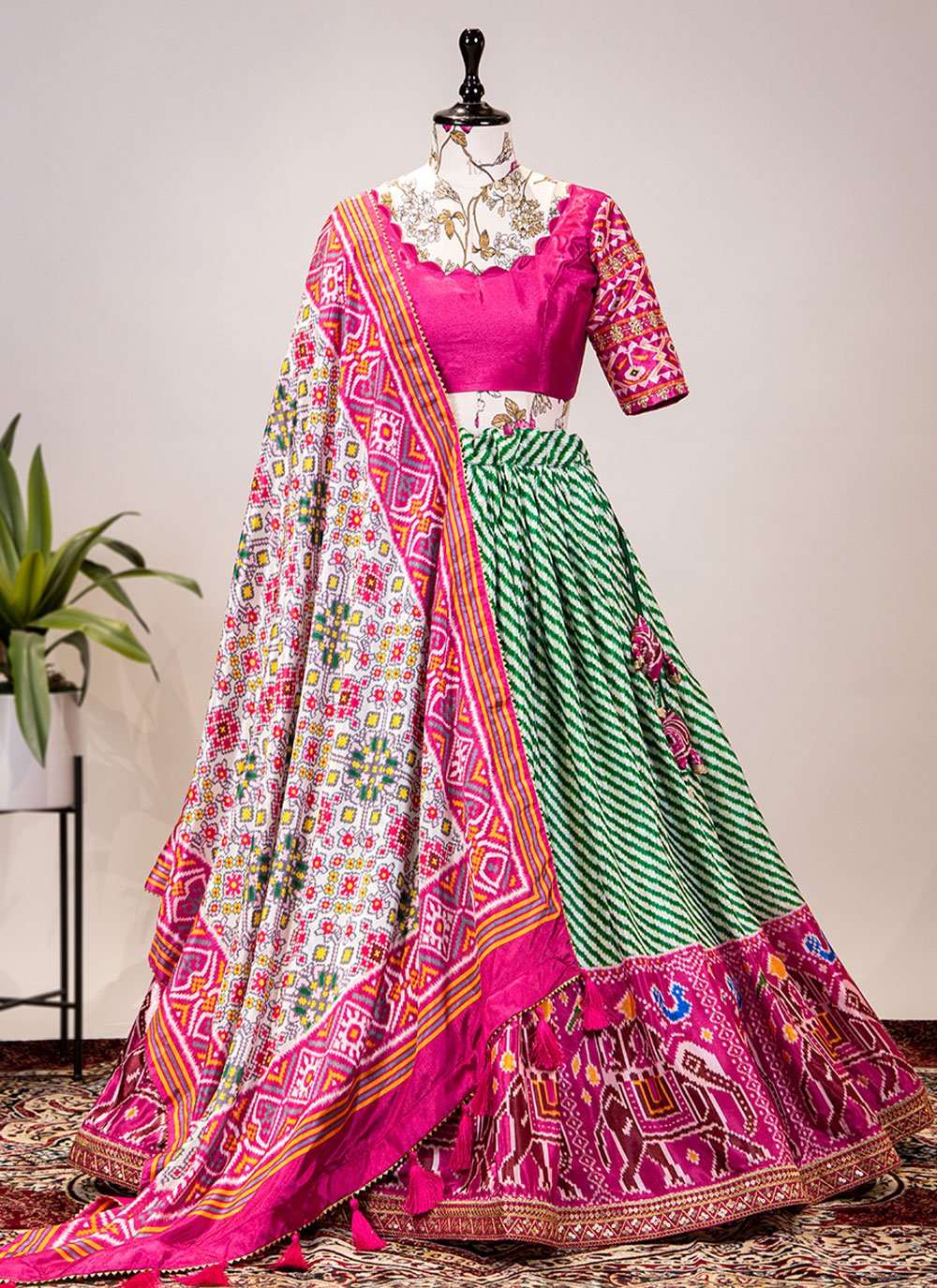 Lehenga Choli Chinon Green Pink Embroidered Lehenga Choli