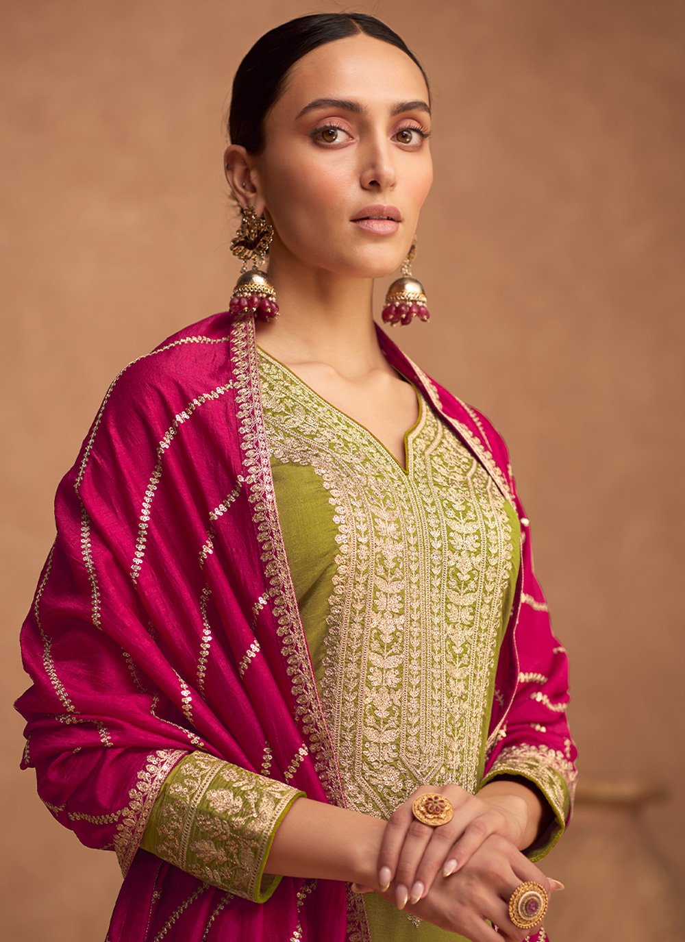 Salwar Suit Silk Green Rani Embroidered Salwar Kameez