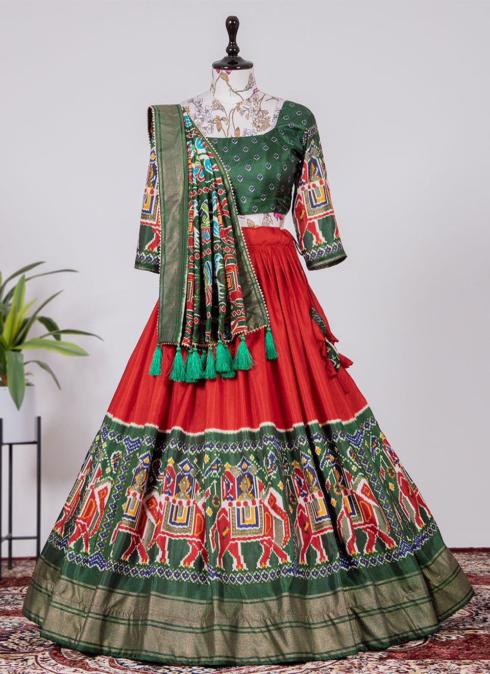 A Line Lehenga Pure Dola Silk Green Red Foil Print Lehenga Choli