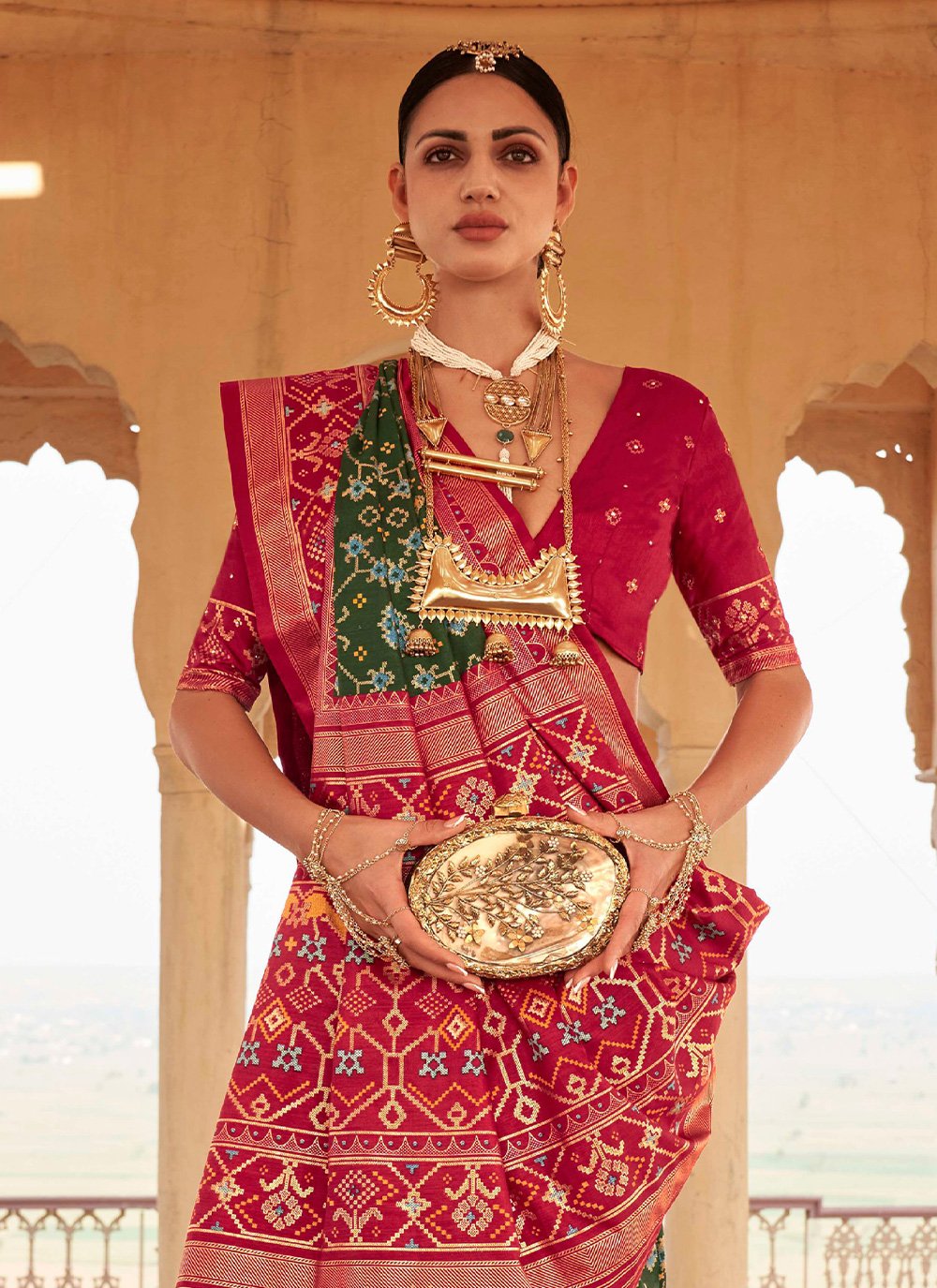 Classic Silk Green Red Patola Print Saree