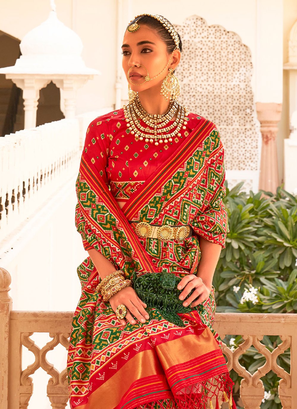 Designer Tussar Silk Green Red Weaving Saree