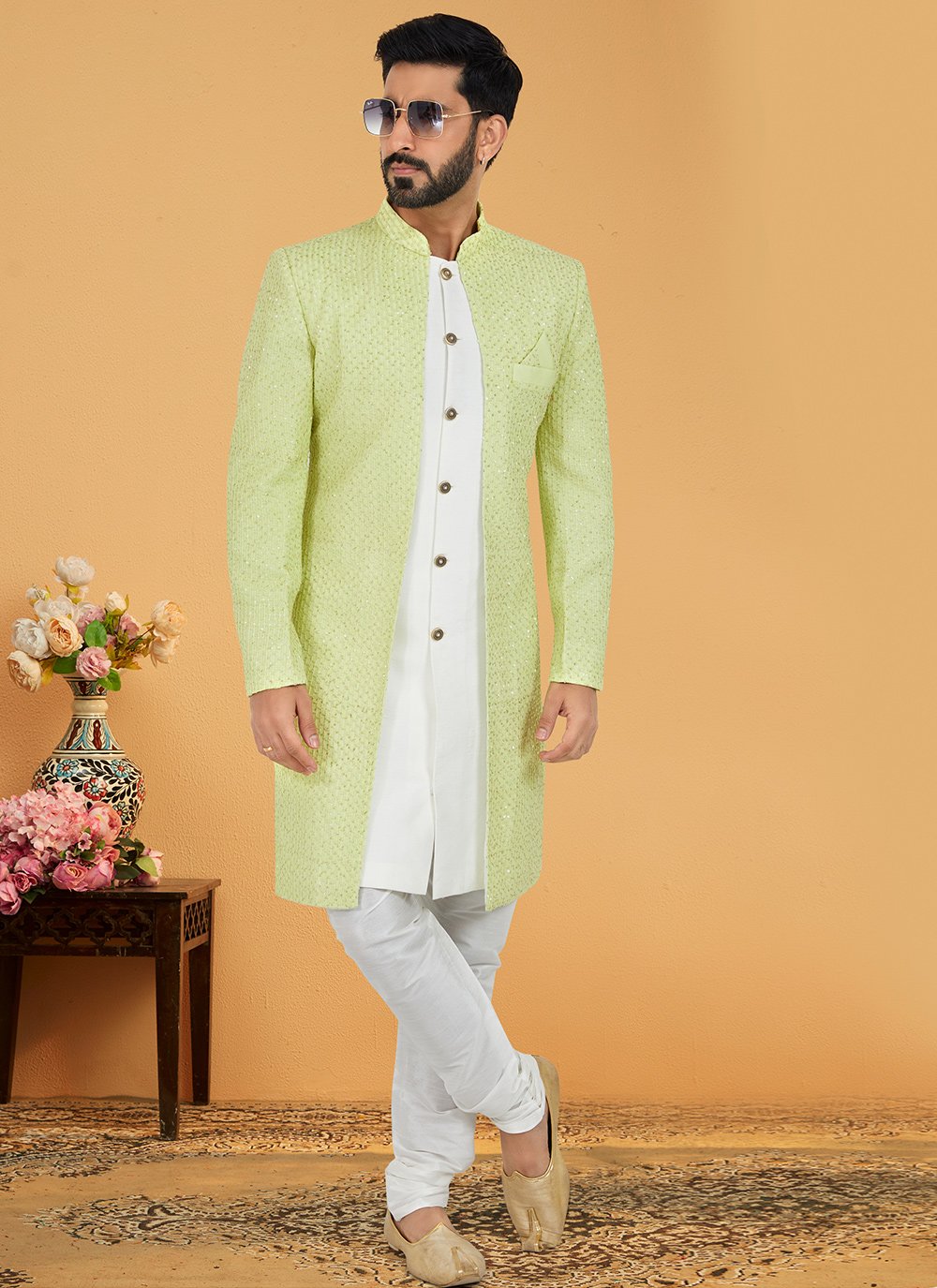 Indo Western Banarasi Silk Georgette Green White Embroidered Mens