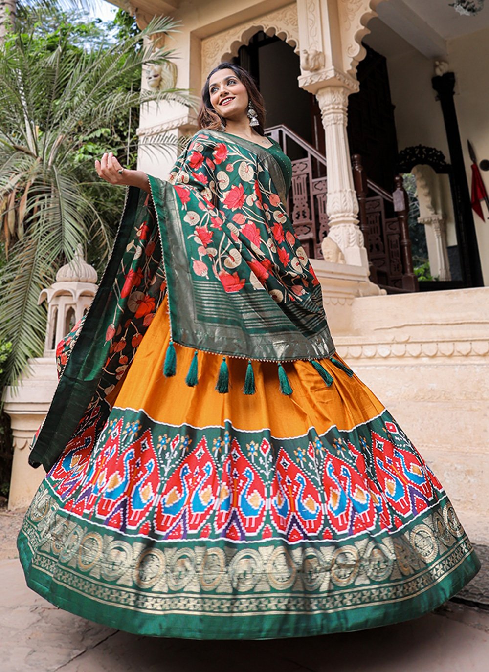 Lehenga Choli Silk Green Yellow Foil Print Lehenga Choli