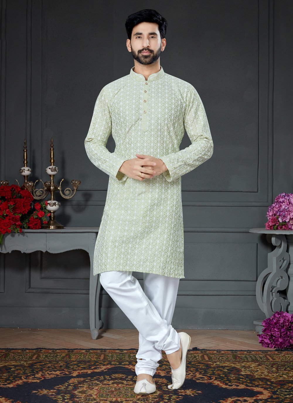 Kurta Pyjama Art Silk Cotton Green Embroidered Mens