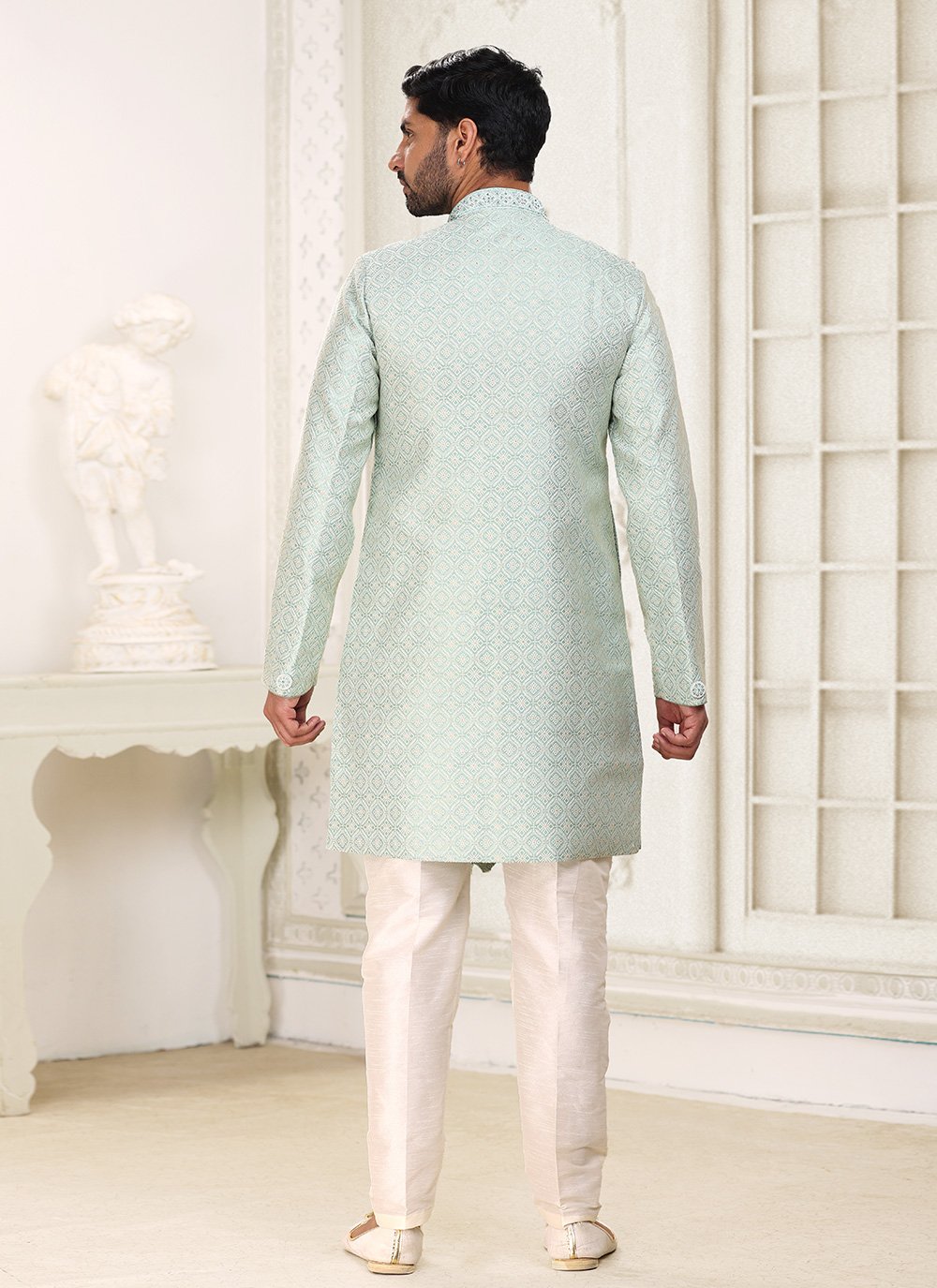 Indo Western Banarasi Jacquard Green Fancy Work Mens