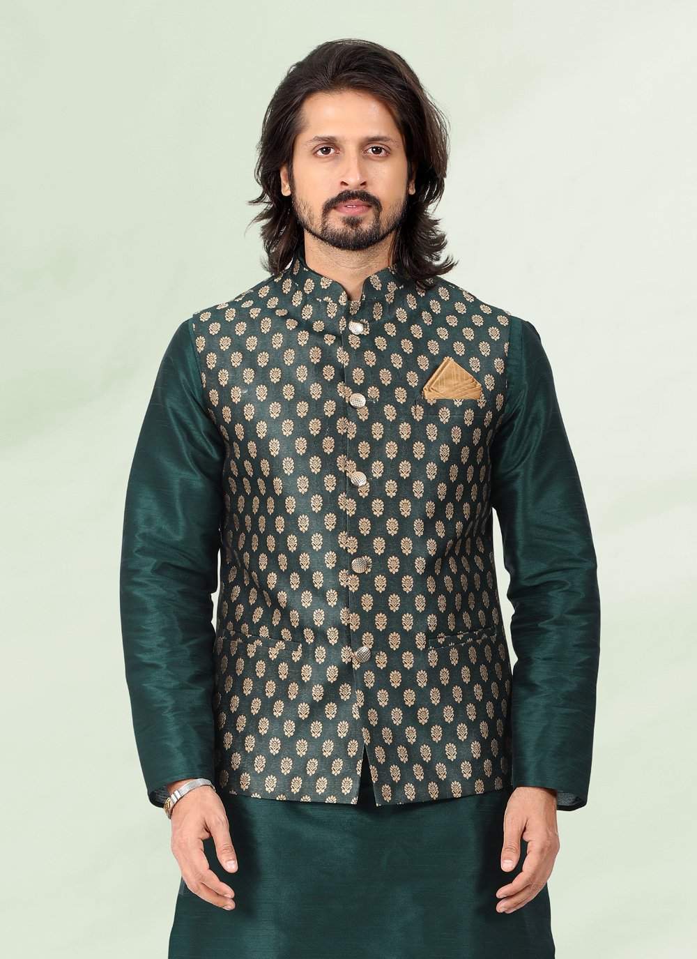 Kurta Payjama With Jacket Banarasi Silk Jacquard Green Jacquard Work Mens
