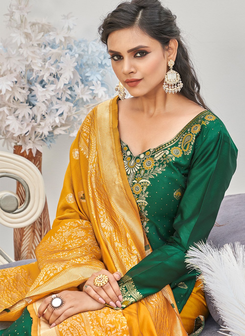 Pant Style Suit Banarasi Silk Green Woven Salwar Kameez