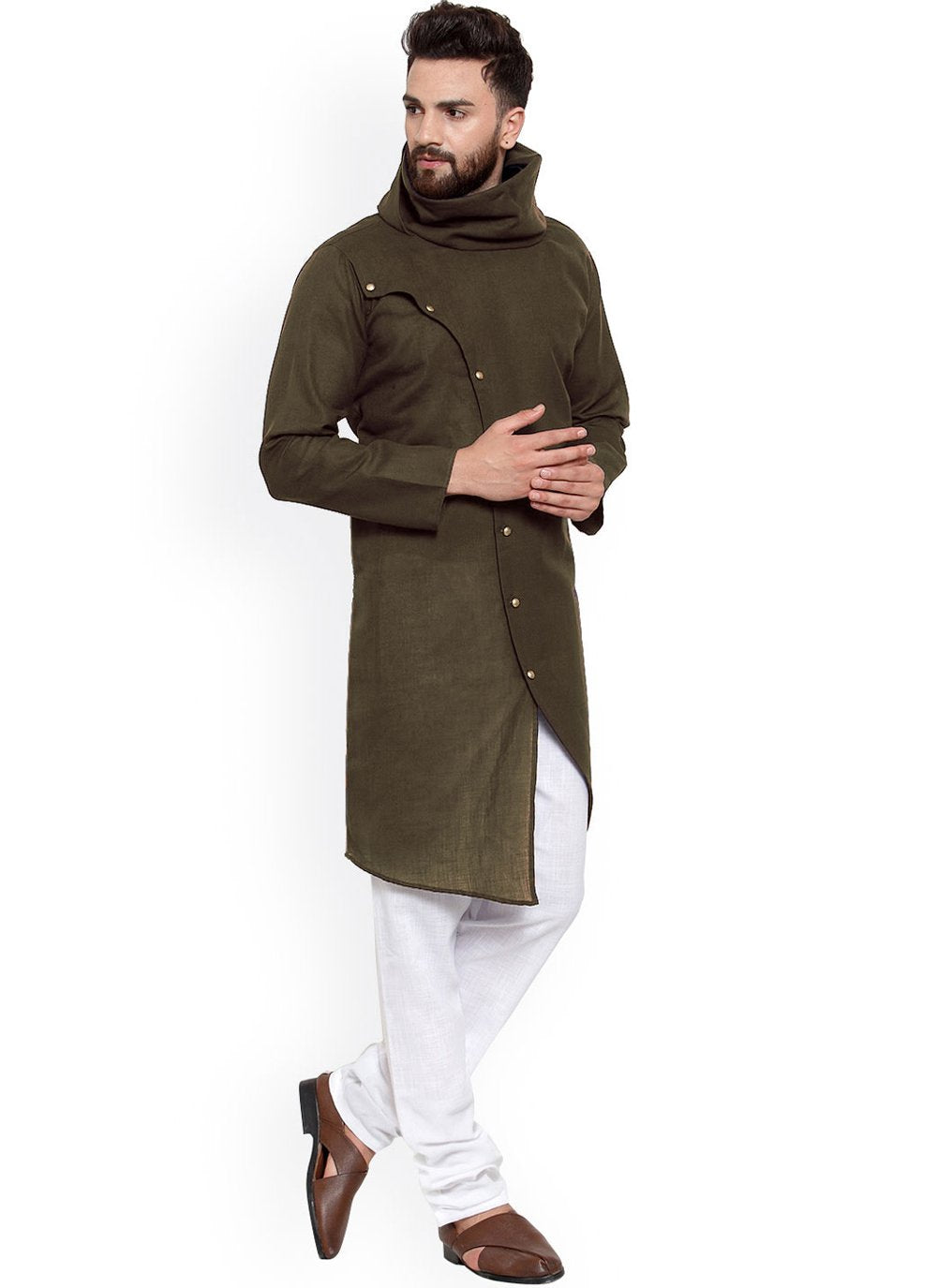 Indo Western Blended Cotton Green Buttons Mens