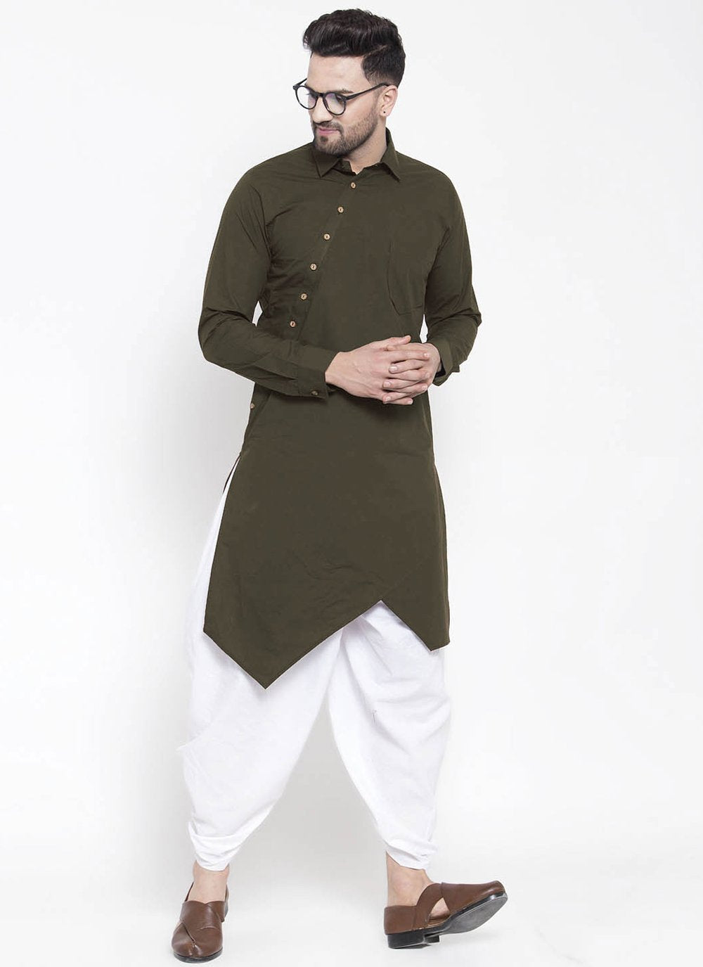 Indo Western Blended Cotton Green Buttons Mens