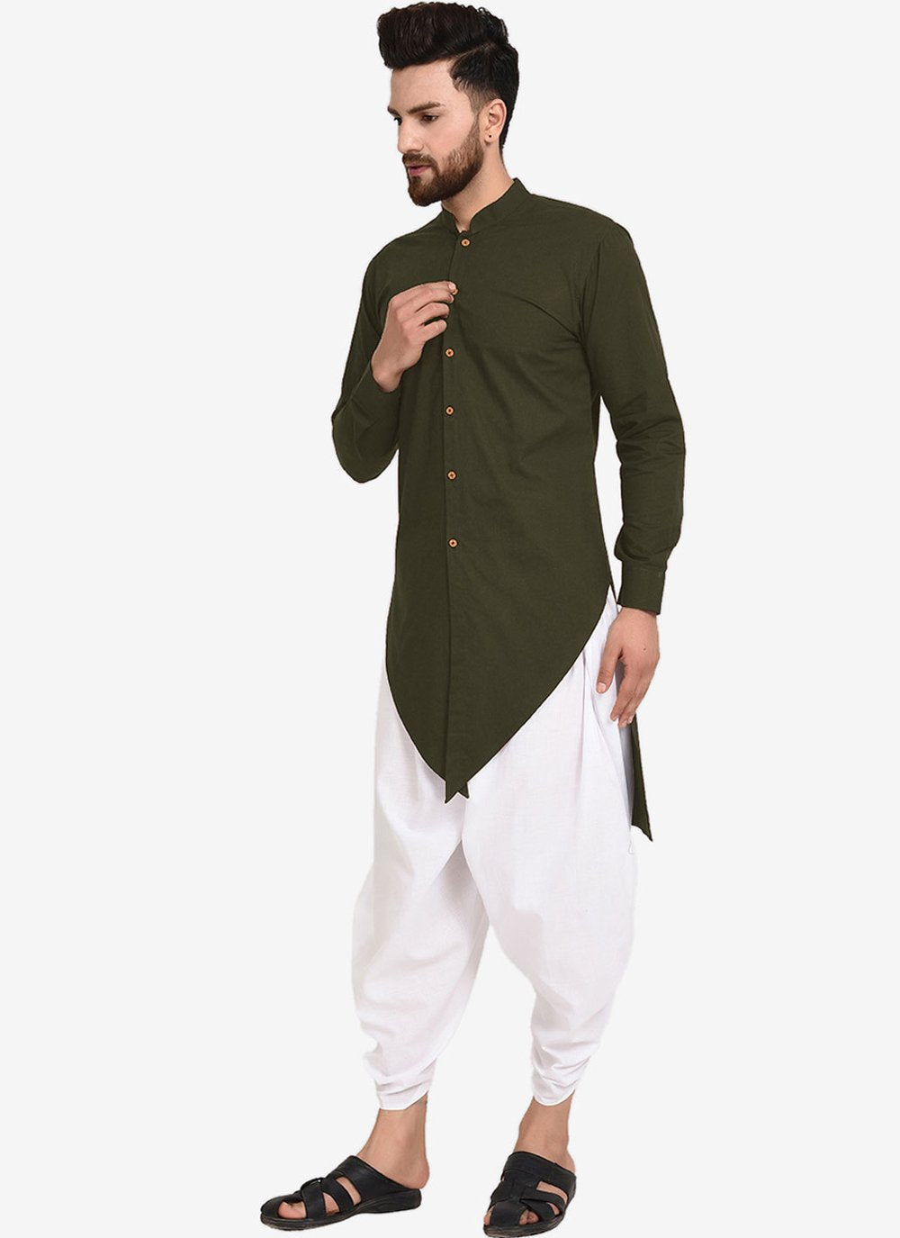 Dhoti Kurta Blended Cotton Green Plain Mens