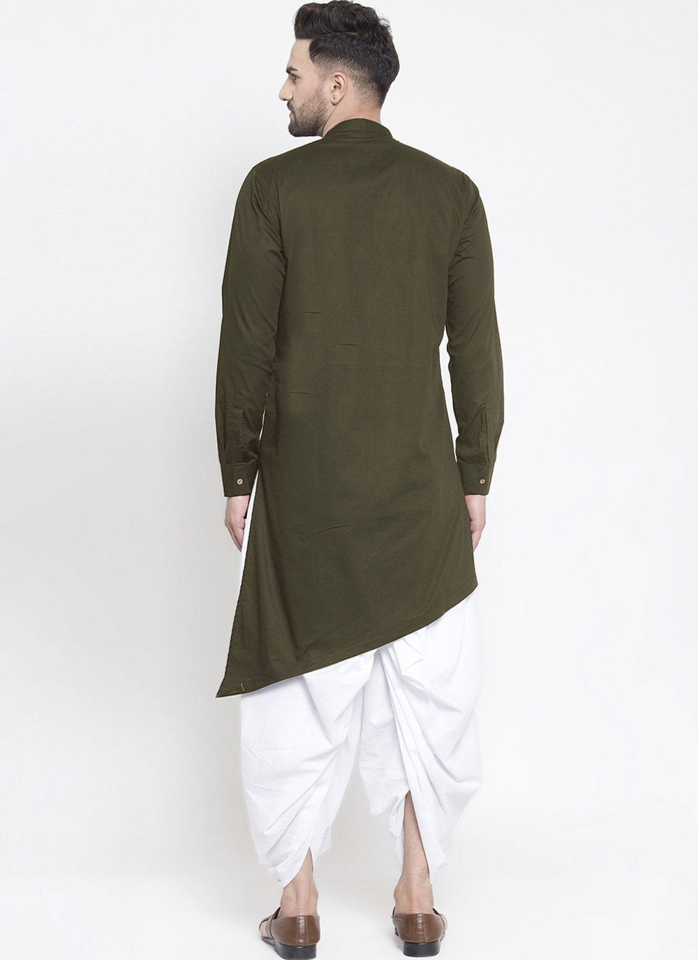 Dhoti Kurta Blended Cotton Green Plain Mens