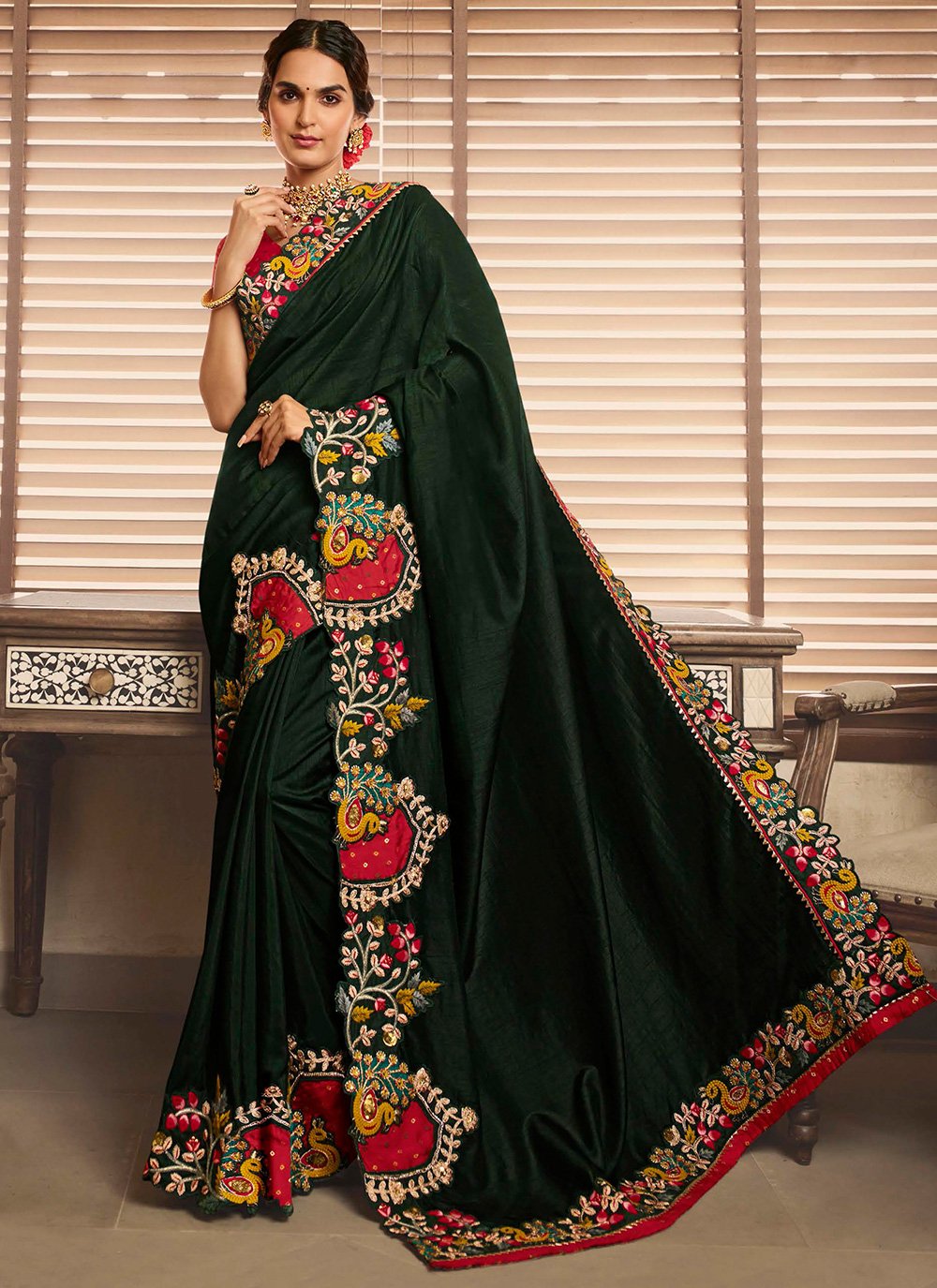 Contemporary Silk Green Embroidered Saree