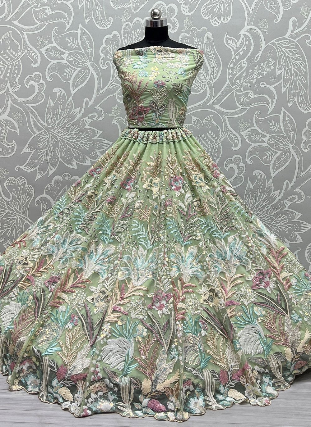 Lehenga Choli Net Green Embroidered Lehenga Choli