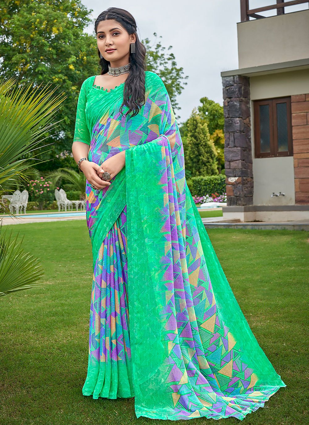Classic Chiffon Green Print Saree
