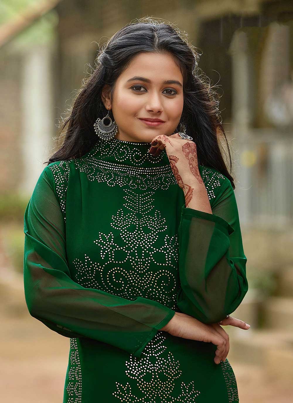 Designer Gown Faux Georgette Green Swarovski Gown