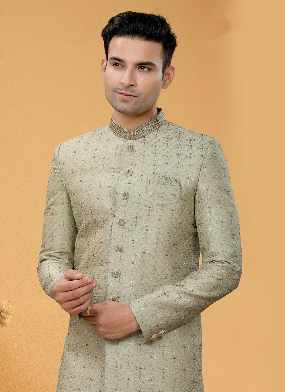 Indo Western Sherwani Art Silk Green Hand Work Mens