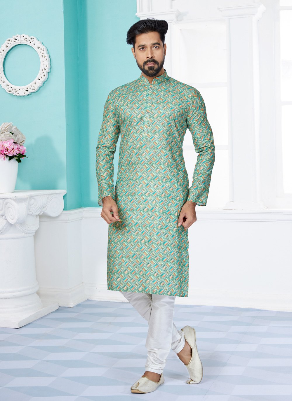 Kurta Pyjama Cotton Green Digital Print Mens