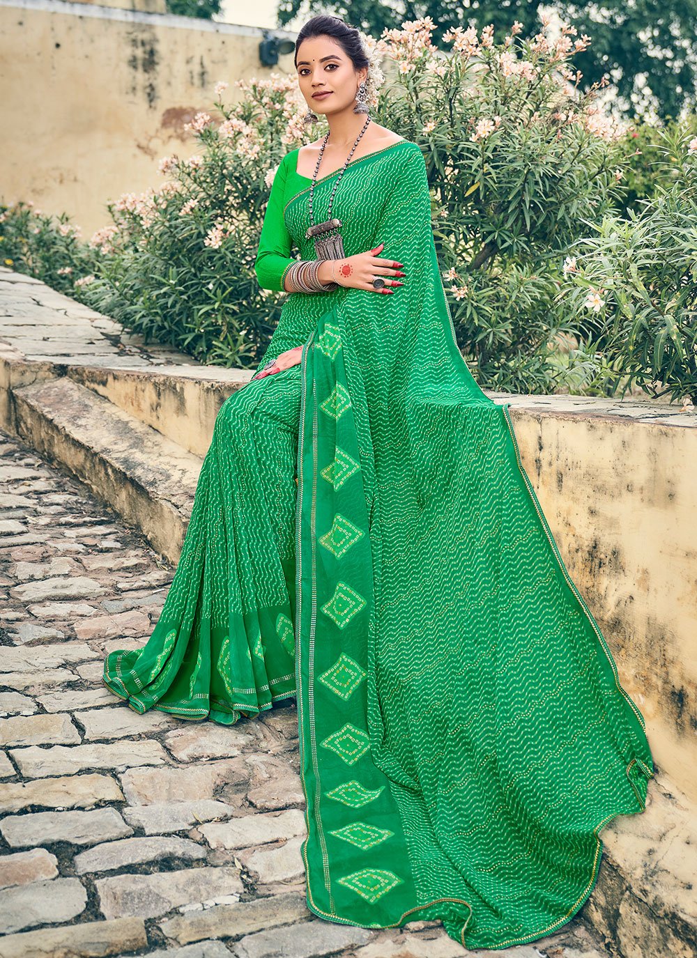 Classic Chiffon Green Foil Print Saree
