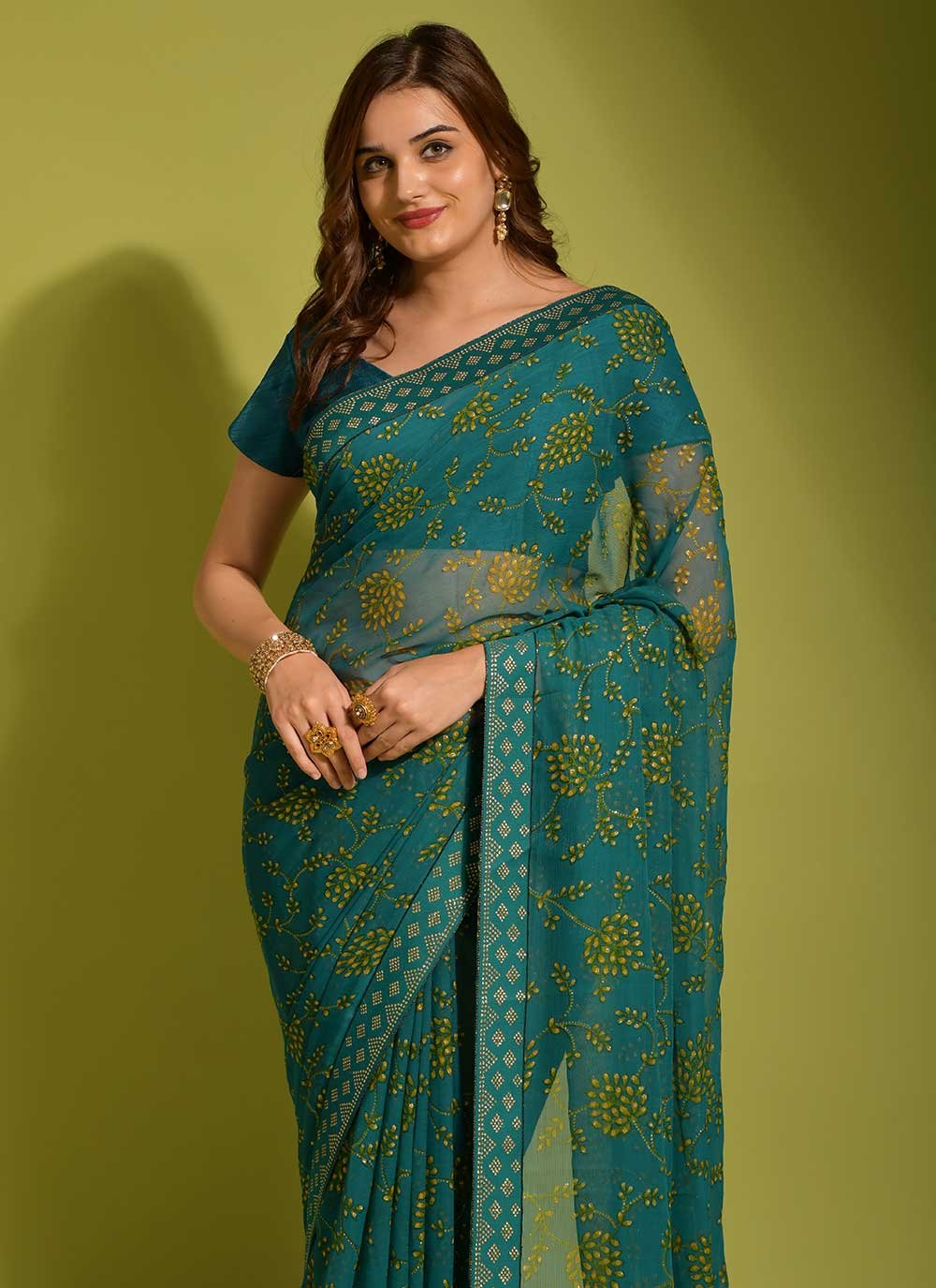 Contemporary Chiffon Green Print Saree
